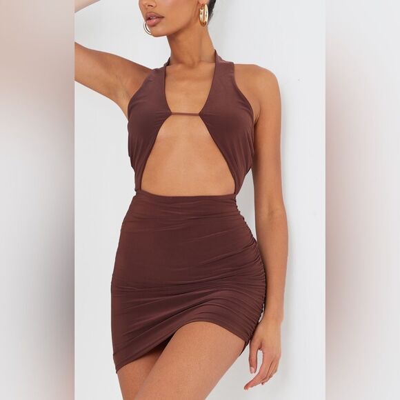 PrettyLittleThing Chocolate Halterneck Bust Slinky Detail Mini Dress Size 4 - Picture 3 of 9